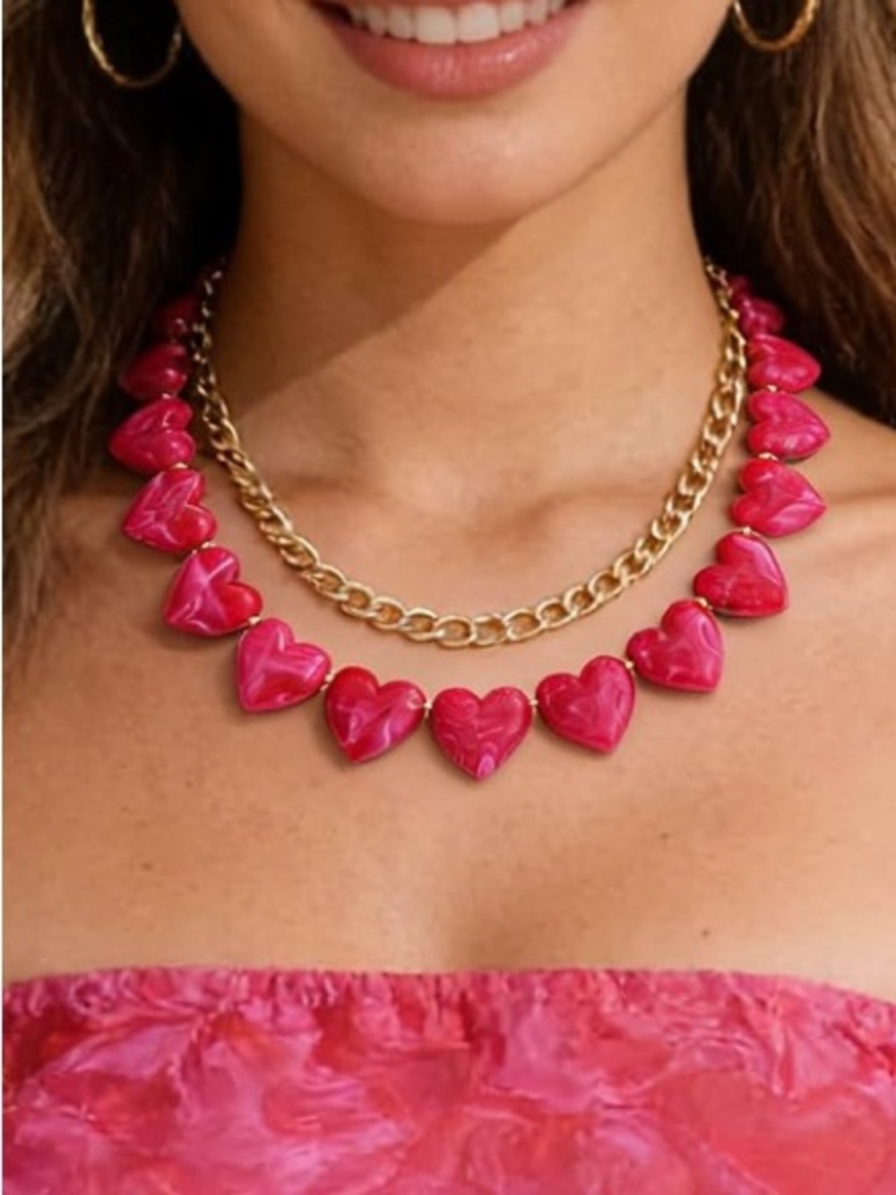 Hot Pink Heart Beaded Necklace